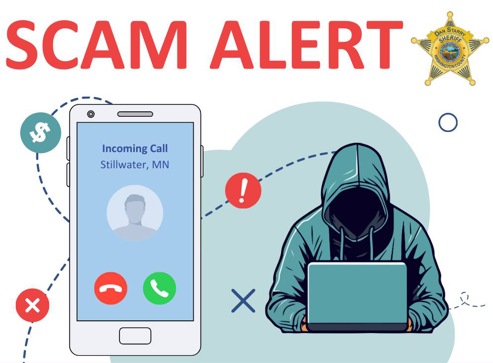 Scam alert graphic illustration of a mobile device displaying a call from Stillwater, Minnesota.
