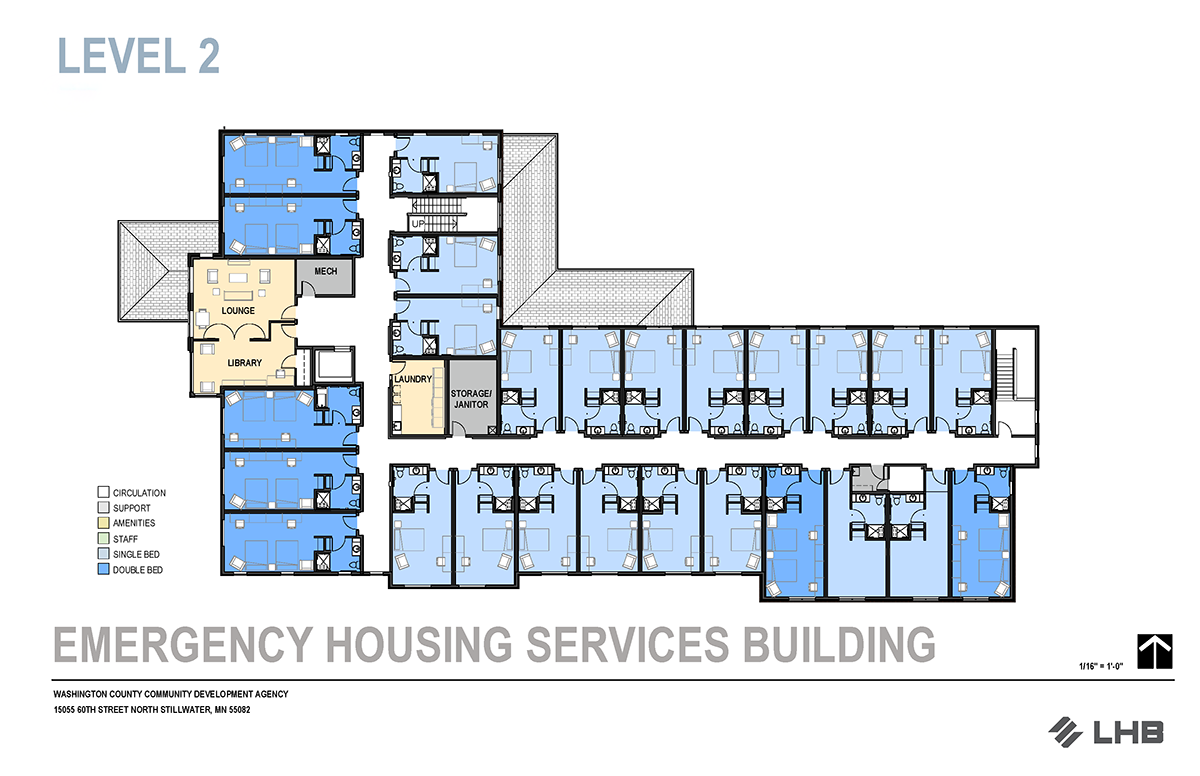Emergency Housing Services Building floor plan for Level 2. Updated May 15, 2024.